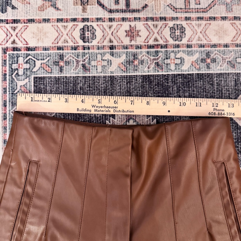 ZARA Faux Leather Straight Leg Pleated High Waist Pants Brown Women’s Size Small - Picture 13 of 15